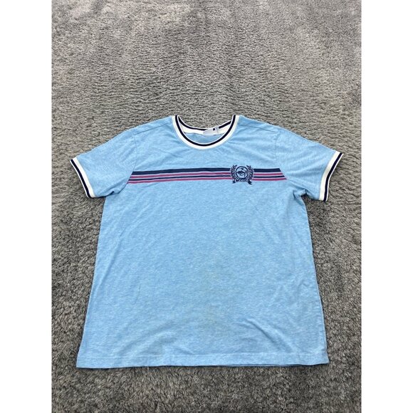 Cinch Shirt Mens Large Blue Striped Crest Short Sleeve Slim Fit Crewneck - Picture 1 of 7